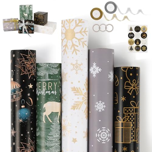 5 Rollen Geschenkpapier Weihnachten, 43 x 300cm Geschenkpapierrolle, Weihnachtsgeschenkpapierrolle mit Aufklebern und Schleifenband, Geschenkpapier Weihnachten Set New Year für Geschenkverpackung