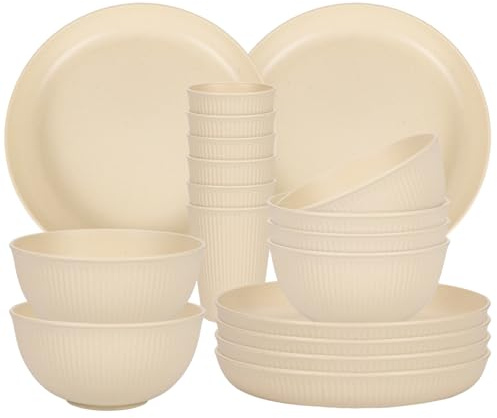Geschirr-Set für 6 Personen, 18-teilig, leicht, unzerbrechlich, 23 cm Teller, 15 cm Schüsseln, Tassen, Küchenteller und Schüsseln, Set (Beige)