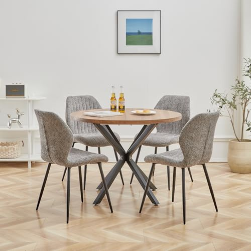 DEYARNA HOME Essgruppe 5-Teilig, 100cm Runder Esstisch und 4 Leinen-Esszimmerstühle, Esstisch und Stühle für 4 Personen, 4 Stühle & Tisch für Küche, Esszimmer und Wohnzimmer (Dunkle Holzfarbe+Grau)