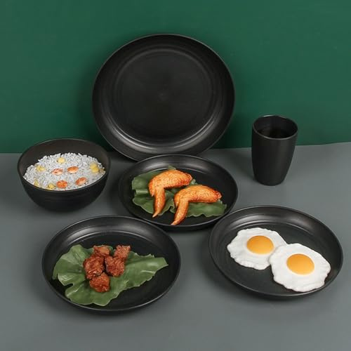 32-teiliges Essgeschirr-Set aus Kunststoff für 8 Personen, unzerbrechliche Speiseteller, Dessertteller, Müslischalen, Tassen, für Familienfeiern, Camping, Alltag, spülmaschinenfest, Schwarz
