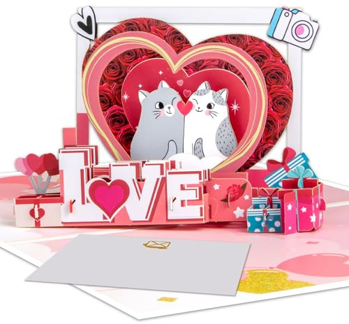 Magic Ants 3D Pop-Up Valentinstag Karte für Paare, süße Katzen im Herzrahmen, romantische Hochzeitstag und Geburtstagskarte, kreative Pop-Up Karte für Katzenliebhaber