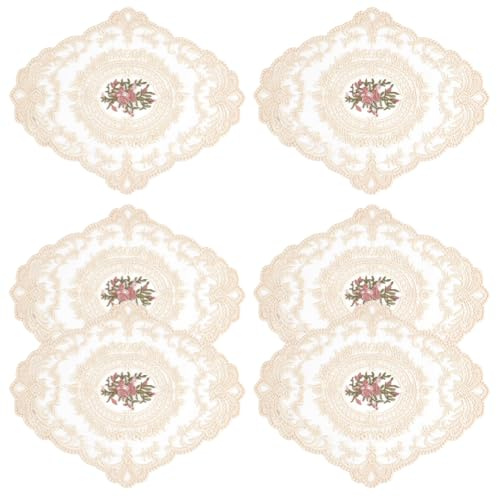 BENECREAT 6 Stück Beige Retro-Tischsets aus Spitze, 21.4x26.6cm ovale bestickte Tischsets, Spitzendeckchen für Zuhause, Hochzeit, Untersetzer, Tasse