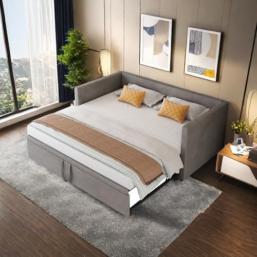 DAHUEN Schlafsofa 90/180 x 200 cm, 2-Sitzer-Sofa, ausklappbar, mit Ausziehbett, Bett mit Lattenrost, Samt, Dunkelgrau, Matratze Nicht im Lieferumfang enthalten (dunkelgrau)