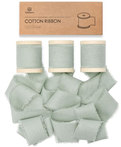 Vitalizart Bomullsband 3,8 cm x 13,7 m dammig grön, handgjorda slitna fransar tygband för presentförpackning, bröllop inbjudningar, brudbuketter, juldekorationer