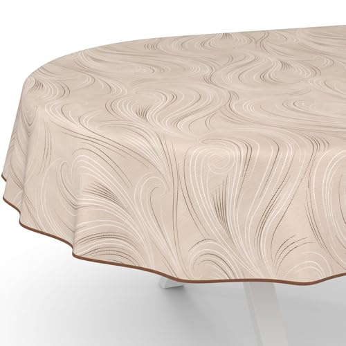 Wachstuchtischdecke Wachstischdecke Wachstuch Tischdecke abwaschbar Gartentischdecke Abstrakt Beige Oval 180x140cm mit Saum (Eingefasst)