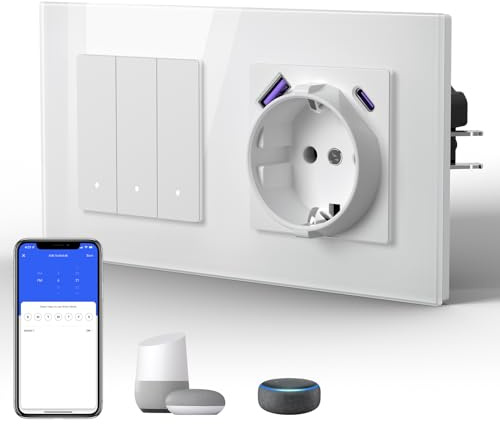 BSEED Smart WiFi Interrupteur Mural avec Prise（Fast Charging USB, TYPE C）, Panneau en Verre Esthétique,Compatible avec Google Home et Alexa Neutral Line Required, 3 Gang 1 Way, blanc