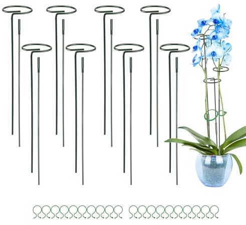 Yocdunm 8 Pcs Plant Support Stakes-30cm,60cm,90cm Adjustable Garden Single Stem Metal Plant Support Rings,Adjustable Plant Sticks Support with 20 Orchid Clips (60cm)