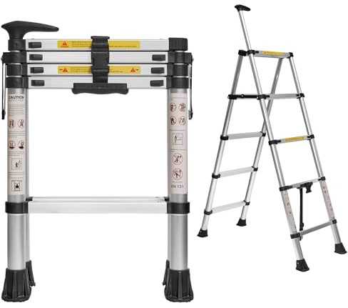 5 Foot A-Frame Aluminium Telescoping Ladder,5+5 Step Ladder,330LB Load Capacity,Portable Telescopic Folding Extension Ladder Heavy Duty Collapsible (Sliver, 1.4m+1.7m/10.2FT Handrails)