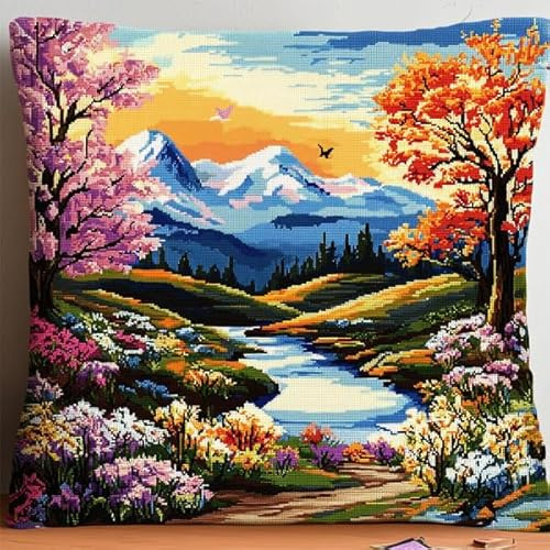 ANSIWEIGO Cojín de nudos, 43 x 43 cm, kit de anudado con ganchos, para principiantes y adultos, lienzo impreso, cojín decorativo 3D para sofá, paisaje de otoño de montaña