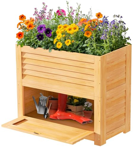 SUNYRISY Hochbeet für Garten mit Stauraum, Holz Hochbeet für Balkon | Outdoor Pflanzkasten Blumenkasten Kräuterbeet, Gartenwerkzeuge Speichern Lagerbox, 85 x 45 x 75 CM, Holzfarbe