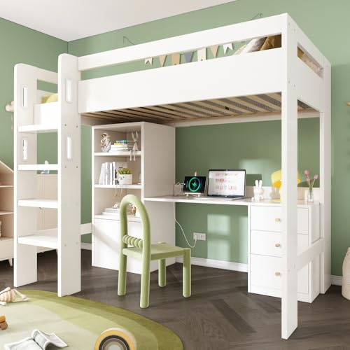 Wyibwy Letto a castello 90x200 cm con scrivania e USB-C,letto singolo a soppalco con armadio e schedario,letto 90x200 per bambini con scaletta e rete a doghe,spazio contenitore,senza materasso,bianco