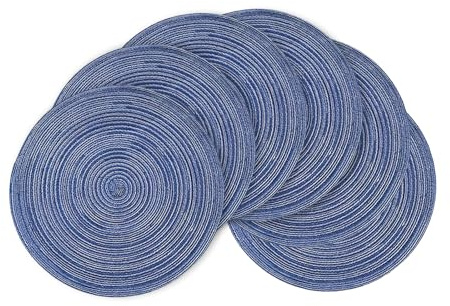 Komforbaa Redondos Salvamanteles Tejidos Lavables, Juego de 6 Manteles Individuales, Tapet Reutilizables Resistentes y Antipolvo 38cm Azul