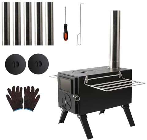 Camp Stoves Wood Burning Stove Portable Hot Tent Stove No Smoke Leakage with 5 Chimney Pipes for Cooking Heating Camping Tent Hiking Fishing Backpacking BBQ Black Ice Fishing Wood Stove