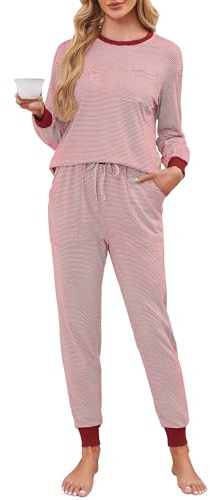 Namatime pyjamas dam lång bomull tvådelad pyjamas ränder nattkläder med fickor, röd, L