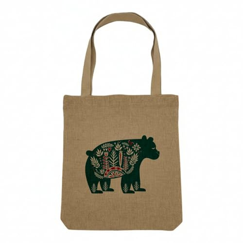 Fabulous Borsa Shopping Tote Bag Aspetto Lino - Orso motivo di Natale Agrifoglio, albero di Natale, inverno, neve, borsa da spesa spessa 360 g, beige naturale, borsa da spesa con spalla solida