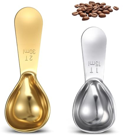 2 Piece Tablespoon Scoop 2 Tbsp Scoop Coffee Tablespoon Measuring Spoon (1 Tbsp, 2tbsp) Stainless Steel Coffee Measuring Scoops for Jars Tea Sugar (Silver, Gold)