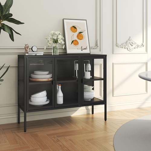 [en.casa] Vitrinenschrank Wohnzimmer Borshavisa Sideboard Mehrzweckschrank mit 3 Glastüren Klarglas Kommode 80 x 100 x 35 cm Metallschrank Schwarz