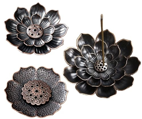 MINGBOLIN 3 Lotus hållare för rökelsestickor av metall kopparröd | Design med flera hål Ø 8,5 cm för rökelser och för att fånga aska i vardagsrummet yoga eller meditationshörna