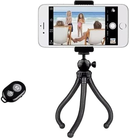 Flexible Mobile Phone Tripod with Remote Control - Metal Mini Tripod/Gorilla Tripod for Smartphone, Camera & GoPro, 25 cm, Bendable Legs, Universal Holder, Stable & Compact - Black