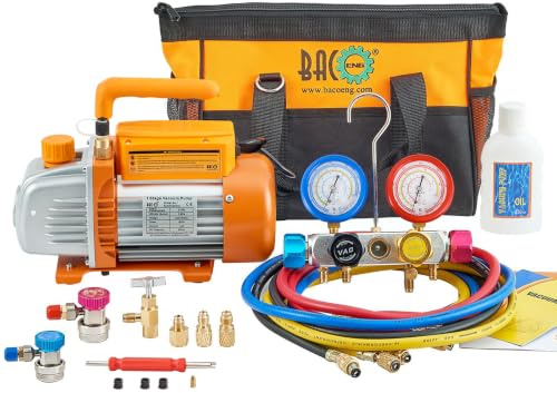 BACOENG Bomba de Vacío de Doble Etapa, Kit Carga Aire Acondicionado con Manometros de 4 vías, Ideal para HVAC/Auto AC Diagnósticos R134A R410A R407C R22