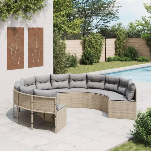 PUGYNBK Rundes Gartensofa Set mit Kissen in Beige aus PE-Rattan, Garten Sitzgruppe rund beige mit Polster für Terrasse und Outdoorbereich, rundes Sofa Garten