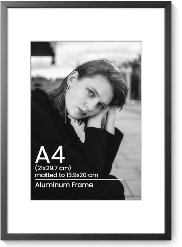 KovaScape A4 Aluminum Photo Frame - Modern Flat Metal Picture Frames with A5(13.9x20 cm) Removable Mat and HD Glass - Versatile Wall & Tabletop Display for Gallery Art, Black