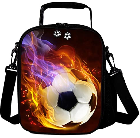 GOXUNYUAN Kids 3D Football Printed Lunch Bags Reusable Cooler Warm Tote Lunch Box with Drink Bottle Holder Children Portable Shoulder Strap Thermal Picnic Bags for Boys Girls