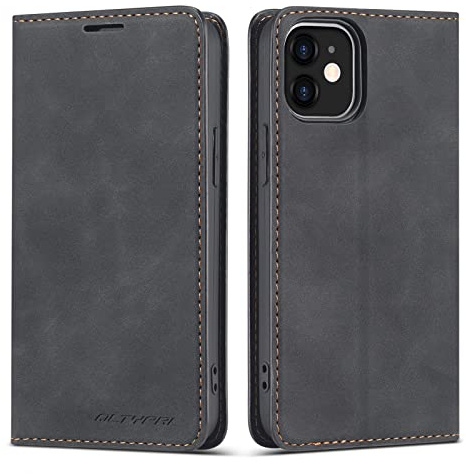 QLTYPRI Hülle für iPhone 12 Mini, Premium Dünne Ledertasche Handyhülle mit Kartenfach Ständer Magnetverschluss Flip Schutzhülle Kompatibel mit iPhone 12 Mini (5,4 Zoll) - Schwarz | Retro PU Leder Klapphülle, Handyhülle mit 3 Kartenfächer, Standfunktion, Weicher Dünne TPU-Rahmen, Stoßfeste Flip Wallet Case