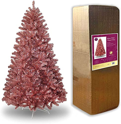 SHATCHI Árbol de Navidad Artificial Rosa champán Dorado Brillante, Puntas de oropel de Aspecto tupido, Ramas con bisagras, decoración de Navidad para el hogar, PVC, 7 pies