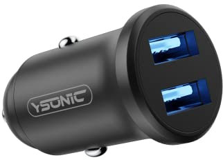 YSONIC USB-Autoladegerät für Kompatible Geräte - Doppelter Ladeadapter Mit 2 Buchsen - Ladestecker für Zigarettenanzünder - Wie-Eingebaut-Look, Alu, Blaue LED, 12-24V