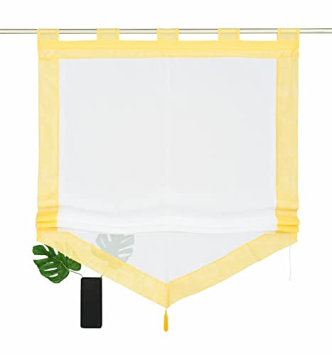 Devola Voile transparent Scheibengardinen mit zweifarbigen Design mit Quaste Fenster Gardinen Panneaux mit Tunnelzug Gardine HxB 140x80cm Gelb 1er Pack