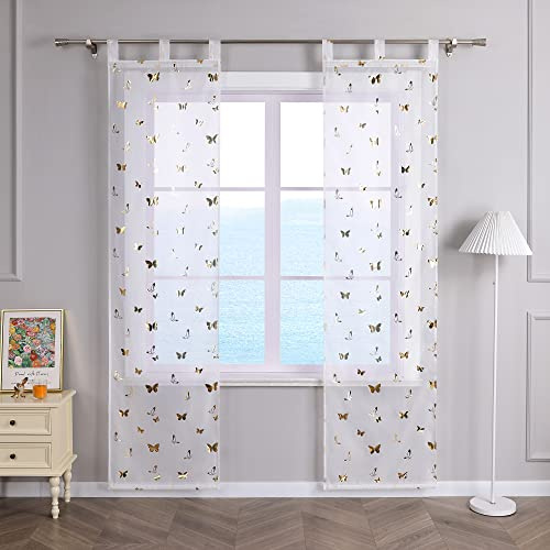 ESLIR 2er Set Flächenvorhänge Schiebegardinen Transparent Gardinen mit Schlaufen Schiebevorhang Weiß Vorhang Wohnzimmer Modern Gold BxH 57x245cm 2 Stück