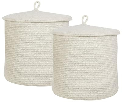 Korb 2er Set Baumwolle cremeweiß geflochten mit Deckel Boho-Design Silopi