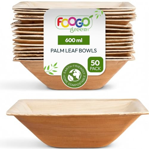 FOOGO Green 50pcs Disposable Palm Leaf Bowls, 6.5 (16.5cm) 21oz (600ml) | For Soup, Desserts & Salad, Deep Square, Sturdy Eco Friendly Biodegradable, Bamboo, Wooden And Strong Paper Bowls
