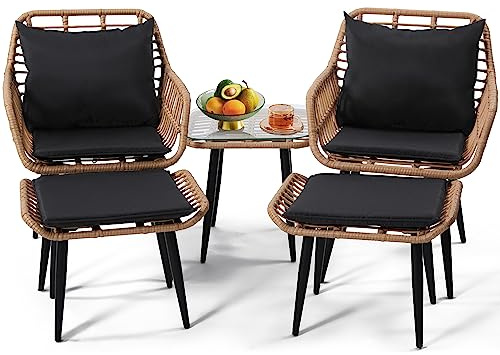 KROFEM 5 Piece Wicker Bistro Patio Conversation Furniture Set, Includes 2 Chairs, 2 Ottomans, and Side Table, Ideal for Porch, Balcony, Deck, Backyard, Natural