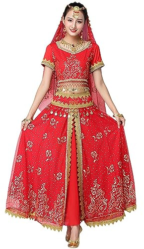 OTMYIGO Bollywood Kleid Erwachsene Kostüm Frauen Indischer Tanz Set Bauchtanz Sari Kleidung Tanz Performance Kleidung Chiffon Rock Set