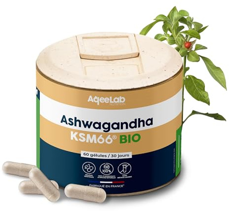 Ashwagandha KSM66® Bio - Fatigue, Stress & Performances - 60 gélules végétales - 30 Jours - Efficacité prouvée par 22 études - Testé en Laboratoire - Made in FR - Ecoresponsable - Aqeelab