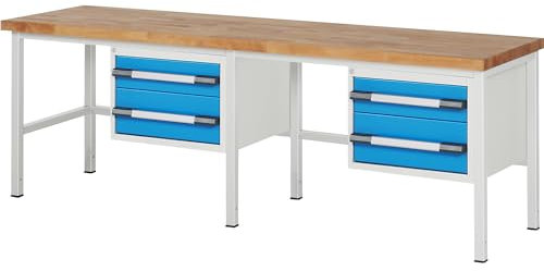 eurokraft | Werkbank | Gestellbauweise Serie 8000 | 4 Schubladen: 2 x 150 | 2 x 210 mm | BxT 2500 x 700 mm