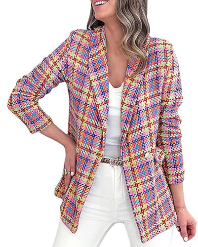 Herbst Und Winter Damen Langarm Taschen Bedruckt Kariert Schlank Langarm Bequem LäSsig Zwei-Knopf Jacke Damen