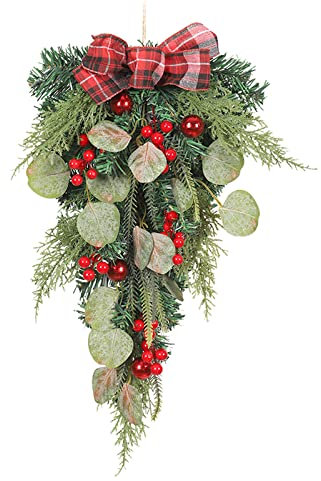 Wnvivi Adorno Navideño en Forma de Lágrima,Corona Navideña Colgante con Bayas de Lazo de Flor de Pascua,Botín Floral Navideño para Decoración de Pared de Puerta Delantera(A1)