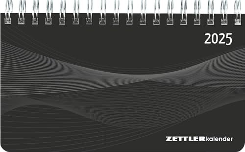 Zettler - Querkalender Mini 2025 schwarz, 15,6x9cm, Bürokalender mit 128 Seiten, 1 Woche auf 2 Seiten, Tages- und Wochenzählung, Monatsübersicht, Spiralbindung und internationales Kalendarium