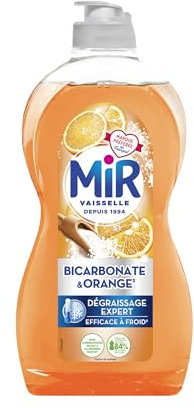 Mir Vaisselle - Bicarbonate & Orange - Dégraissage Expert - Efficace à Froid - Bicarbonate de Soude - Sans Conservateurs - Sans Allergènes Parfum - Marque Préférée des Français - Bouteille de 450 ml