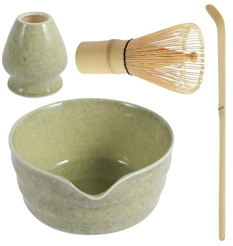 Gatphy 4Pcs Ceramic Matcha Kit, 500ml Japanese Tea Set Matcha Making Starter Kit with Whisk Holder, Bamboo Whisk, Ceramic Bowl with Pouring Spout, Scoop