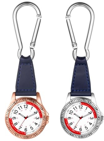 JewelryWe Karabineruhr Pulsmesser Taschenuhr mit Karabiner Analog Quarz Schwesternuhr Echtleder Band Outdoor Rucksack Uhr für Krankenschwester Ärzte Radfahrer Kletterer