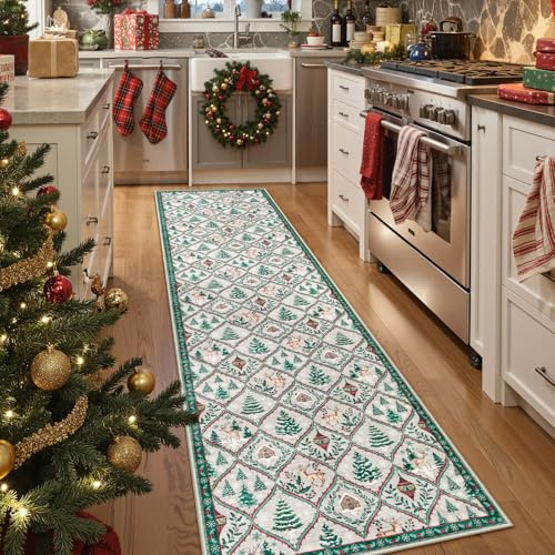 Lahome Weihnachtlicher Küchenläufer - Bedruckter Rentier-Teppich, 2,4 m, Rutschfest, Waschbar, Fusselfrei - Für Flur, Eingangsbereich, Weihnachtsbaum (Beige/Grün)