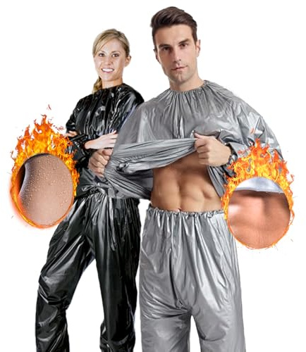 Sauna Suit, Plastic sauna suits for Men Women PVC Exercise Weight Loss Gym Fitness Workout Suits Top Pants Silver or Black