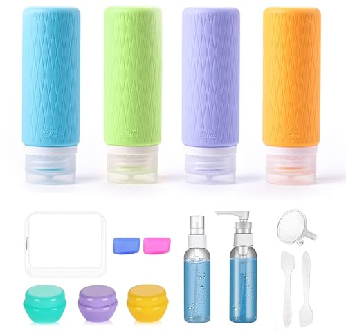 Silicone Travel Bottles Set for Toiletries, Leak Proof Refillable Squeezable Containers Kits with Clear Travel Toiletry Bag for Cosmetic Shampoo Conditioner Lotion Body Wash