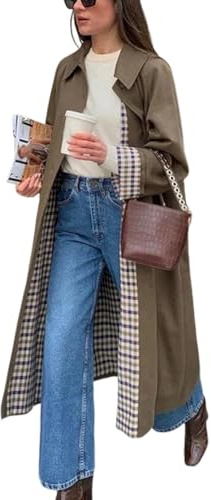 ORANDESIGNE Damen Trenchcoat Einzelreihe Langer Mantel Plaid Jacket Wintermantel Einfarbig Revers Damenmantel Windjacke Übergangsmantel mit Taschen mit Knöpfen