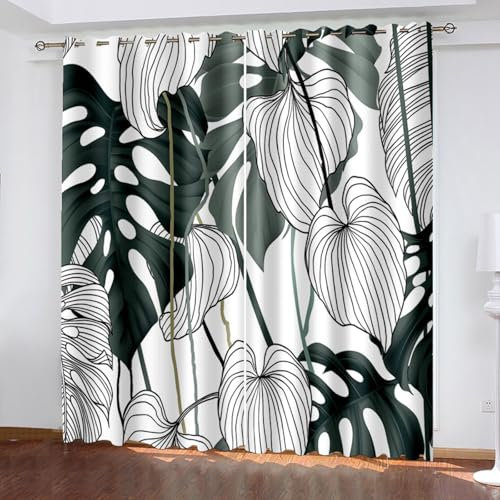 Grau Blickdichte Vorhänge mit Ösen Gardinen 2er Set, Verdunkelungsvorhang Thermovorhang Hitzeschutz, Blatt Drucke Ösenvorhang für Schlafzimmer Wohnzimmer Kinderzimmer 150 x 166 cm (B x H)