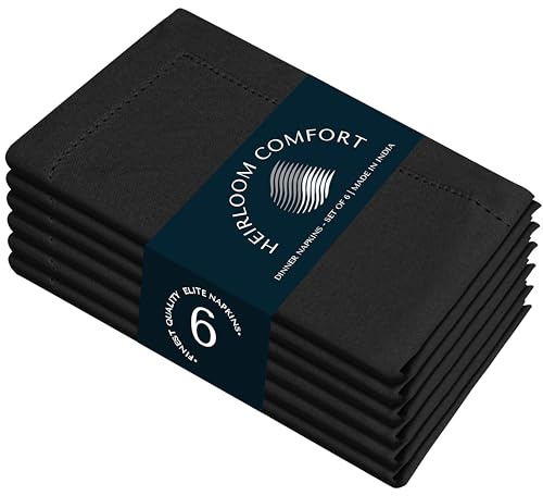 HEIRLOOM COMFORT Hemstitch Cloth Napkins 6 Pack, 100% Cotton, 45x45 cm, Mitered Edges, Soft, Washable Napkins, Perfect for Hotels, Restaurants, Lunch, Weddings, Events, Parties, Everyday Use, Black